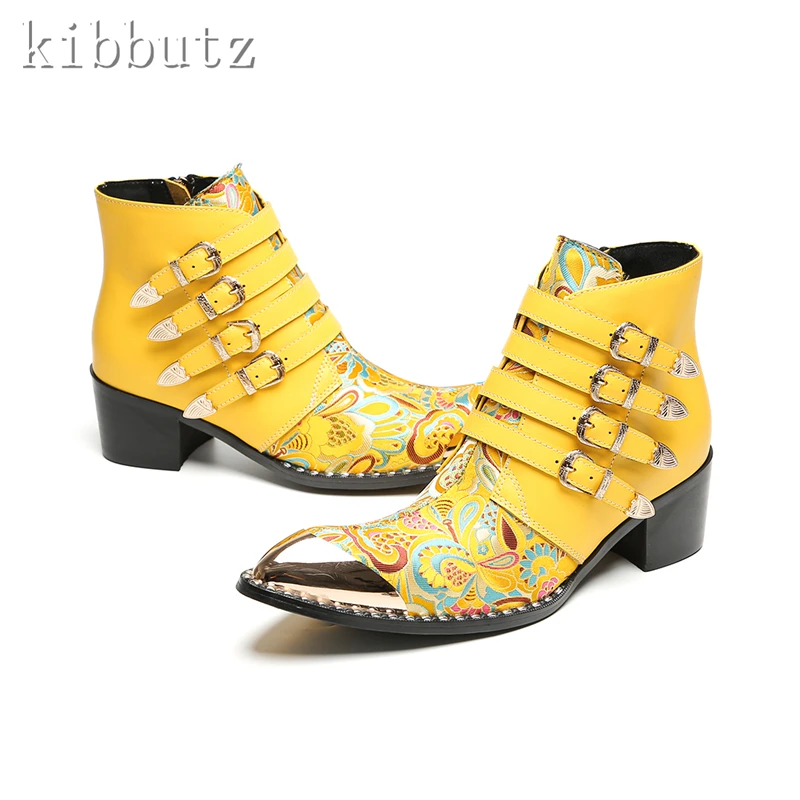 디자이너 신상 프린트 버클 스트랩 앵클 부츠 남성 메탈 토 진짜 가죽 하이힐 첼시 부츠 패션 파티 드레스 슈즈