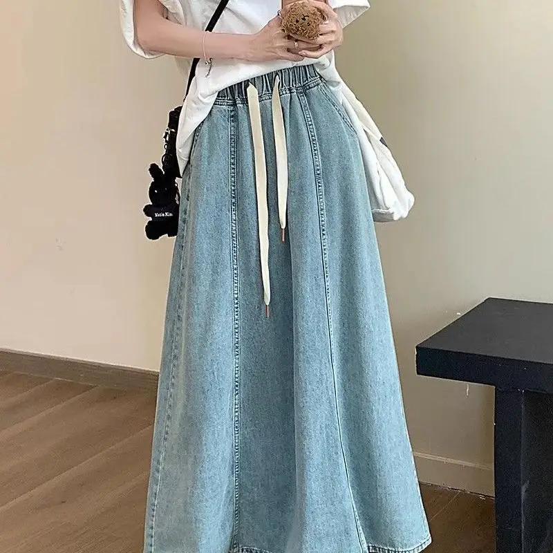 

Юбка А-силуэта больших размеров, женская джинсовая юбка с эластичной талией и шнурком, струящийся фасон, ретро-дизайн для женщин больших размеров