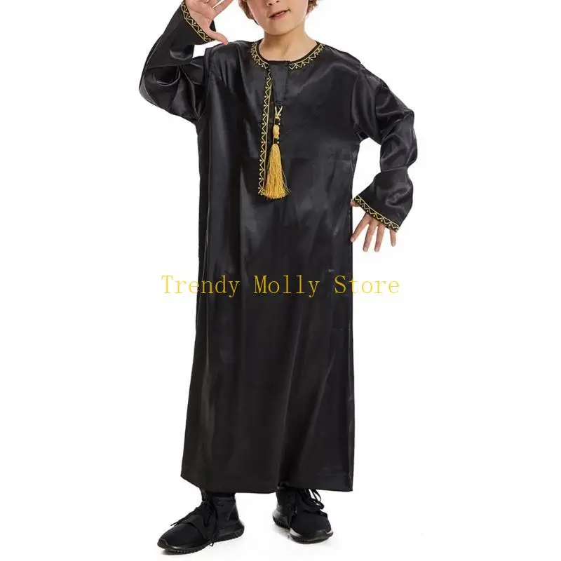 N5KB Thời trang dài tay bé trai Thobe Áo sơ mi phong cách dân tộc Ramadans Áo choàng Ma-rốc