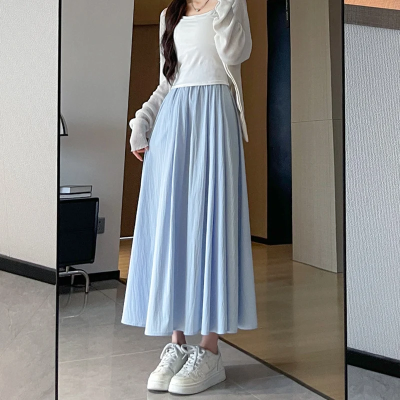 Damskie spódnice w kształcie litery A, plisowane, letnie, z wysokim stanem, szerokie spódnice typu parasol, damskie spódnice 2025, uniwersalne, jednokolorowe, z kieszeniami, długie spódnice.