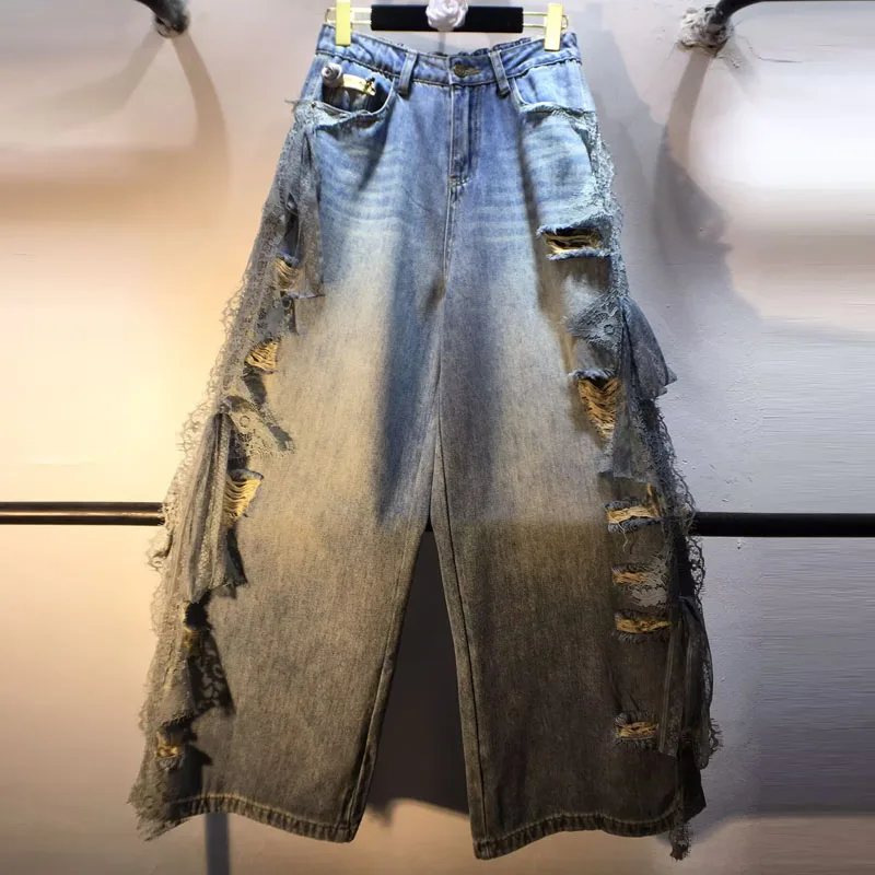 

European 2025 Summer New Side Splicing Bow Lace High Waist Thin Ripped Denim Straight Pants, Women Street Blue Jeans