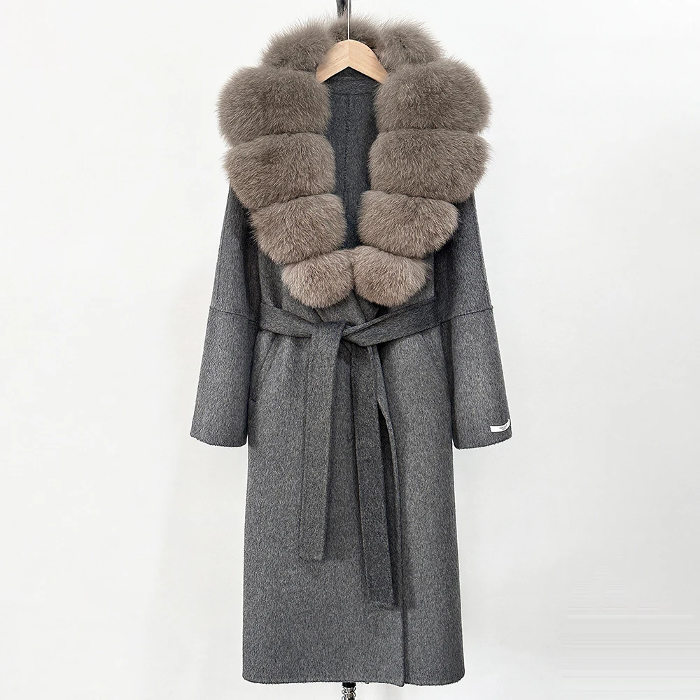 الواقع سترة الفراء النساء الخريف ملابس علوية الإناث سترة صوفية جديدة موضة معطف الصوف الدافئ الربيع طويل كبير الثعلب الفراء الأصفاد