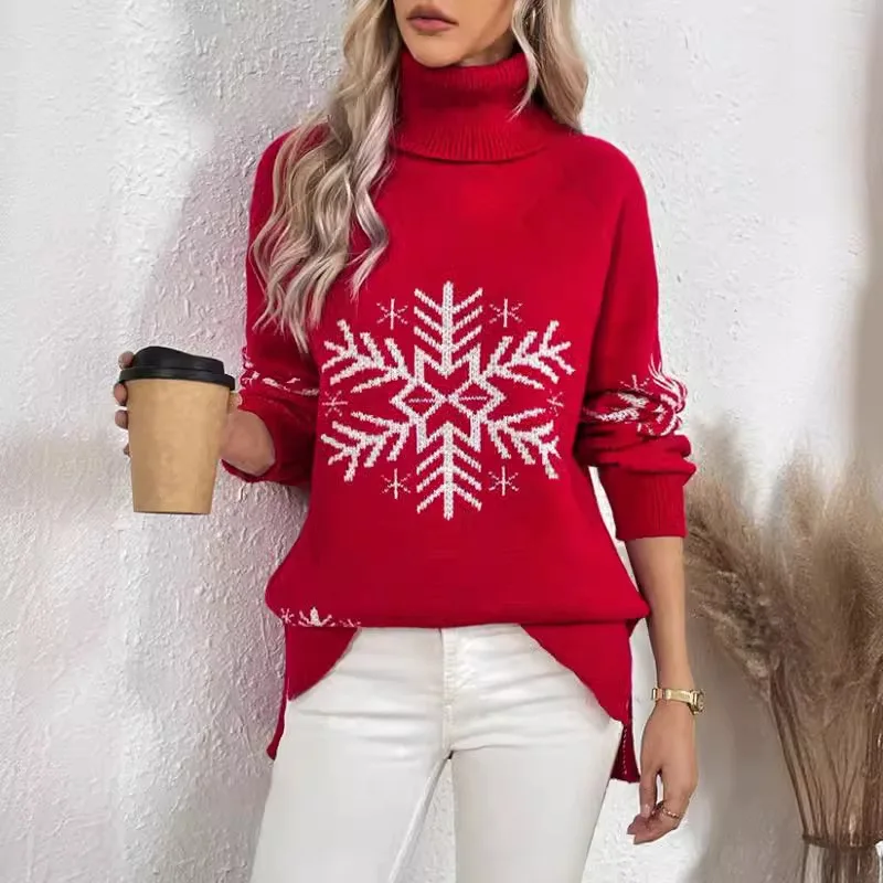 

Autumn Winter Pullover Turtleneck Sweater Women'S Knitted Sweater Snowflake Jacquard Solid Color Versatile Top