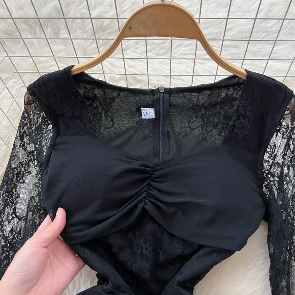 Elegancka sukienka w stylu vintage z długim rękawem i kwadratowym dekoltem, koronkowa, w stylu koreańskim, modna, słodka odzież damska.