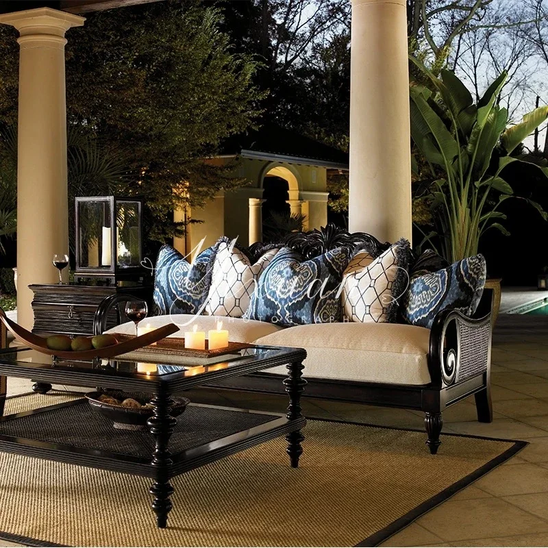 Villa living room double sofa French furniture soft seat fabric three-seater sofa