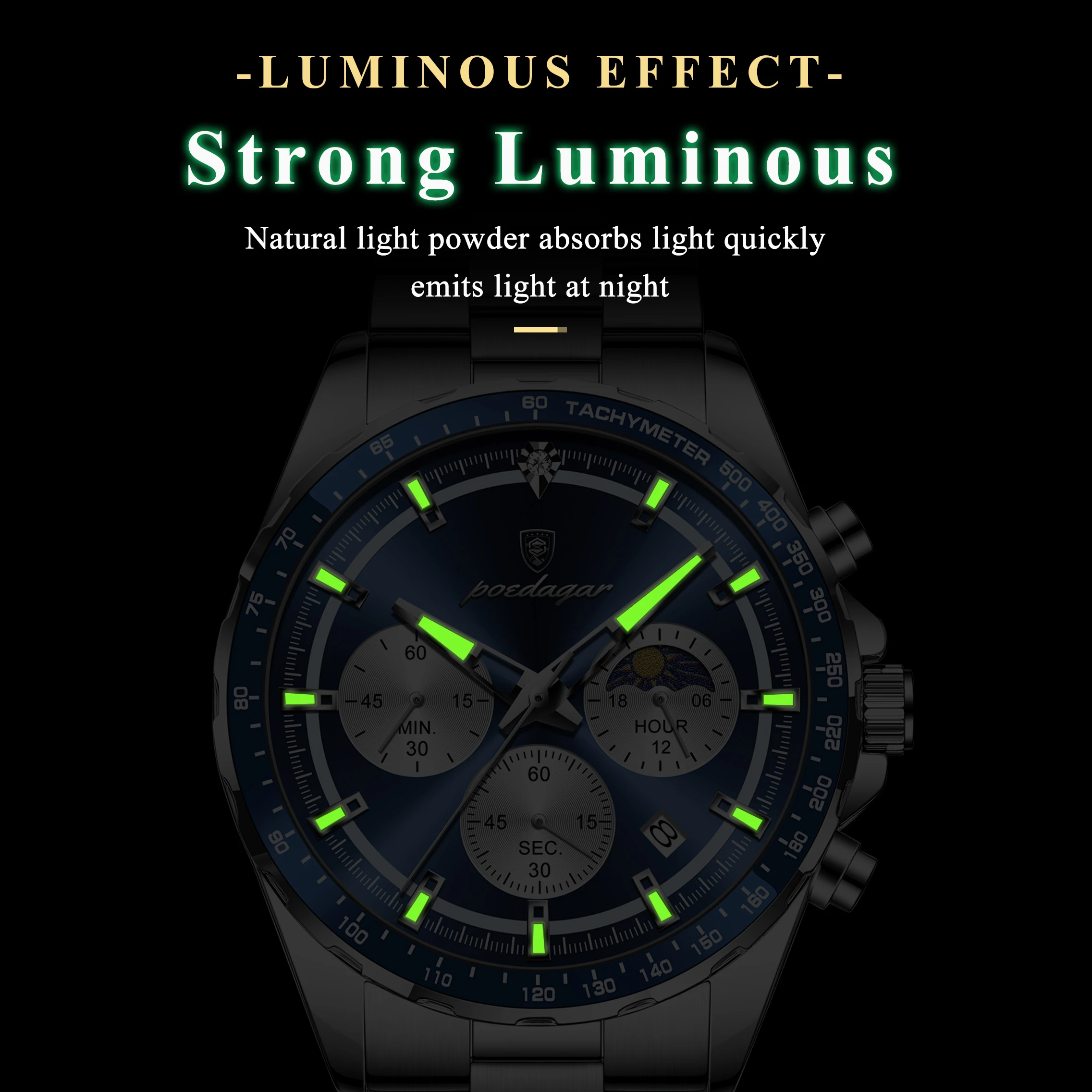 POEDAGAR العسكرية الرجال ساعة كرونوغراف تاريخ مقاوم للماء مضيئة الذكور ساعة اليد الفولاذ المقاوم للصدأ الكوارتز الفاخرة ساعات رجالية + صندوق