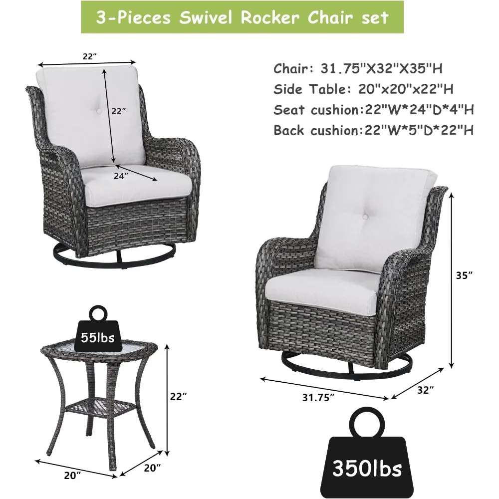 3 Piece Rocker Patio Furniture Set Rattan Rocking Bistro Sets with Glass Top Side Table for Outdoor Porch Deck Garden Backyard