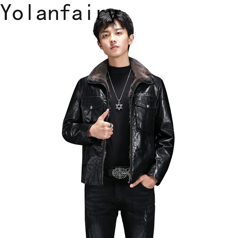

YOLANFAIRY Real Cowhide Men Leather Jacket Winter Soft Leather Wool Lining Warm Fur Coat Leather Jackets Man Mink Fur Collar