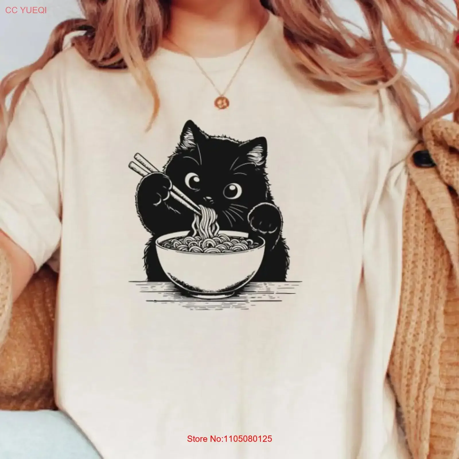 Gato comiendo fideos camiseta Ramen Noodle Lover japonés divertido Foodie Anime Lady vintage lavado ropa de diseñador elegante