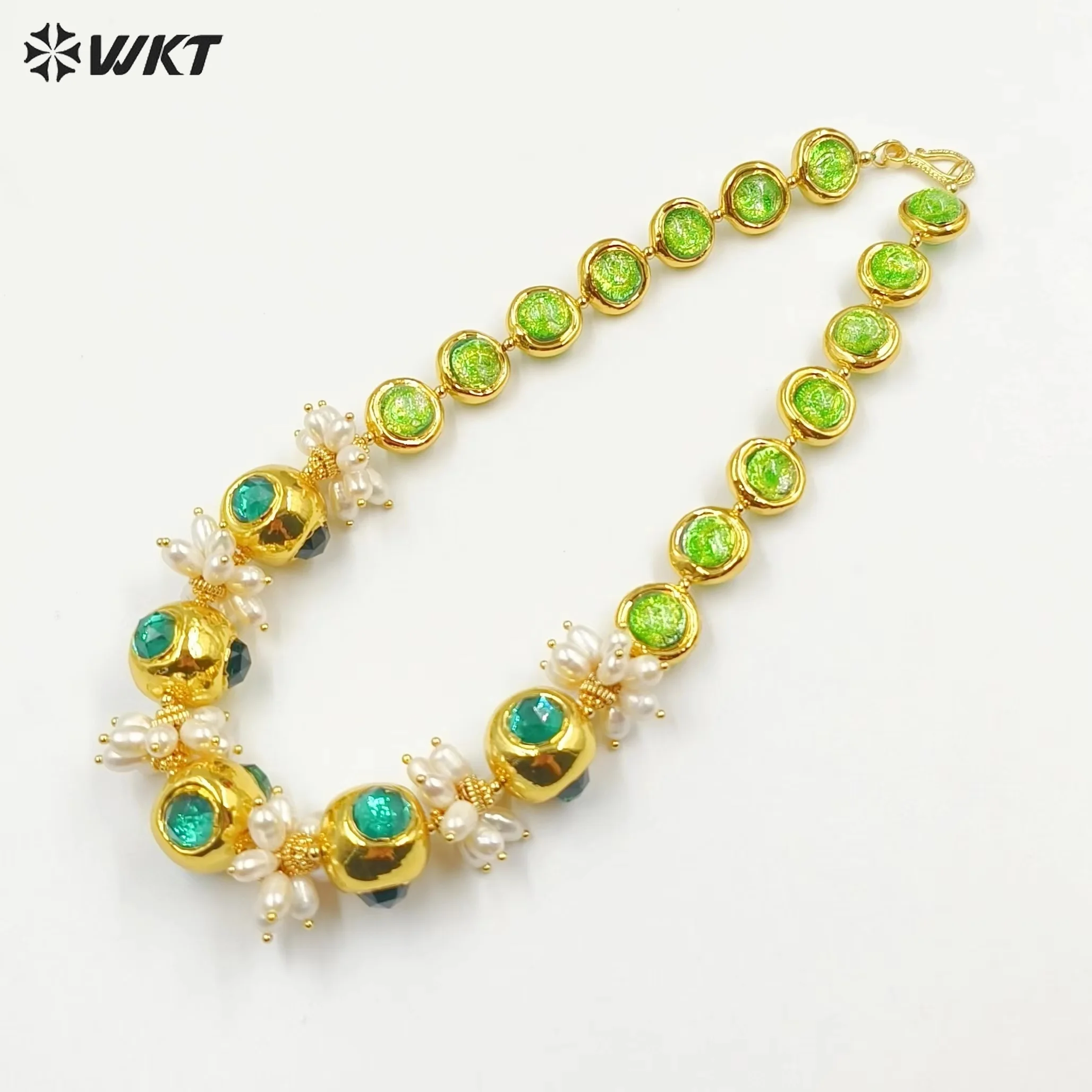 WT-JN251 Newest Fashion Green Round Handmade Wire Wrapped Murano Beads With Natural Real Pearl Precious Lady Party Necklaces