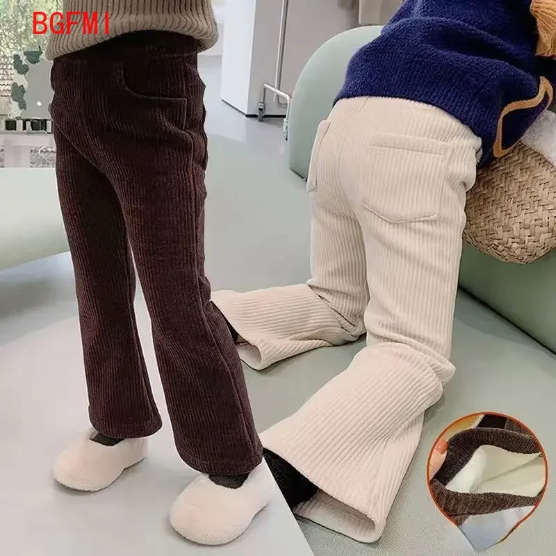 Ropa de invierno a la moda para niña, pantalones con forro polar, parte inferior para niños y adolescentes, pantalones acampanados para primavera y otoño, pantalones de pana para bebé