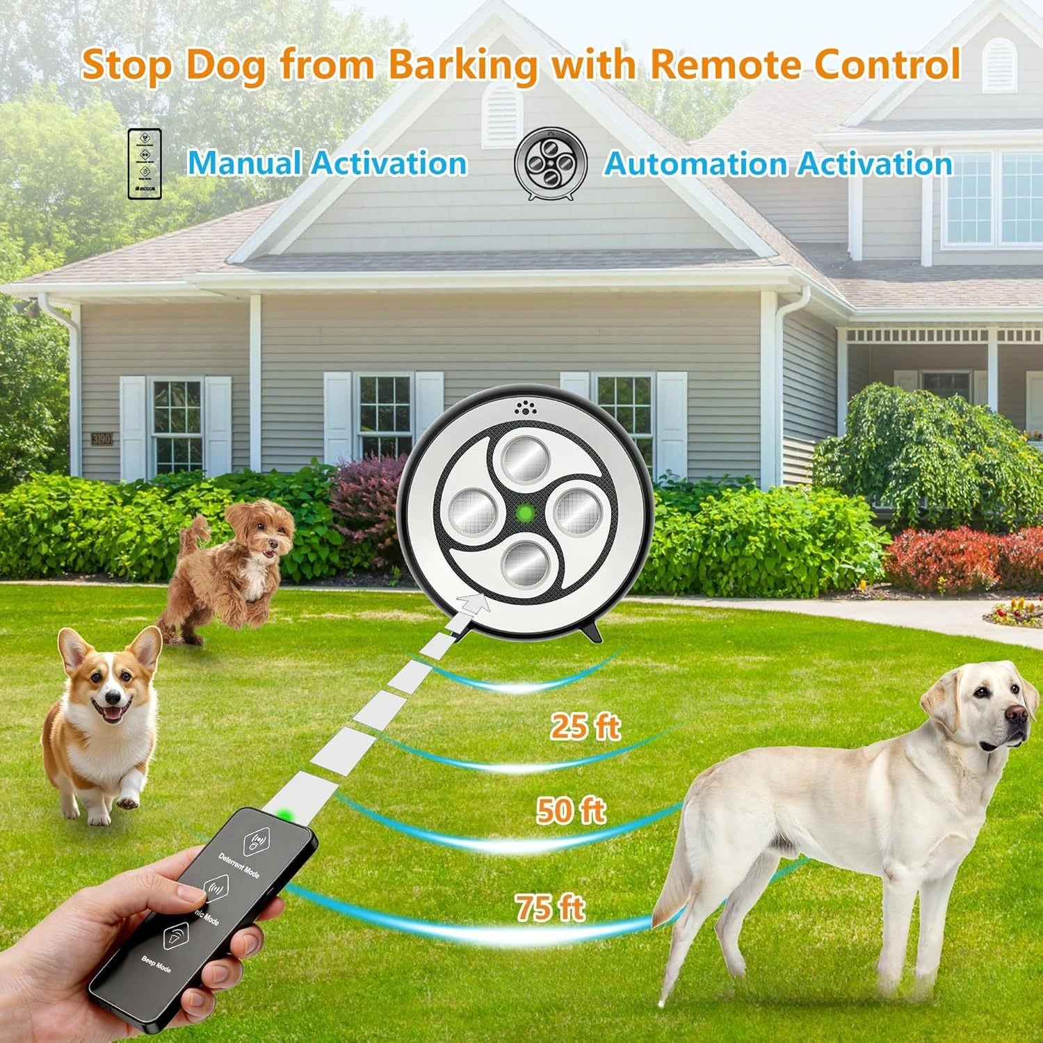 New dog anti-bark device, rechargeable and remote control, 75 feet long-range 6 frequency conversion modes IP65 waterproof