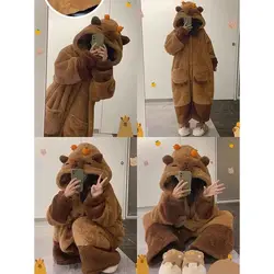 Capybara Winter Pajama Cartoon Animal Soft Plush Jumpsuit For Adults Kawaii Velvet Pajama Night Robe Suit Children Gift