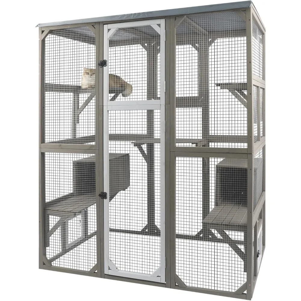 

Outdoor Catio Cat Enclosure, Large Cat House with Multi-Level Platforms, Roof, and Pull-Out Tray (59" L x 29.5" W x 67.7" H)