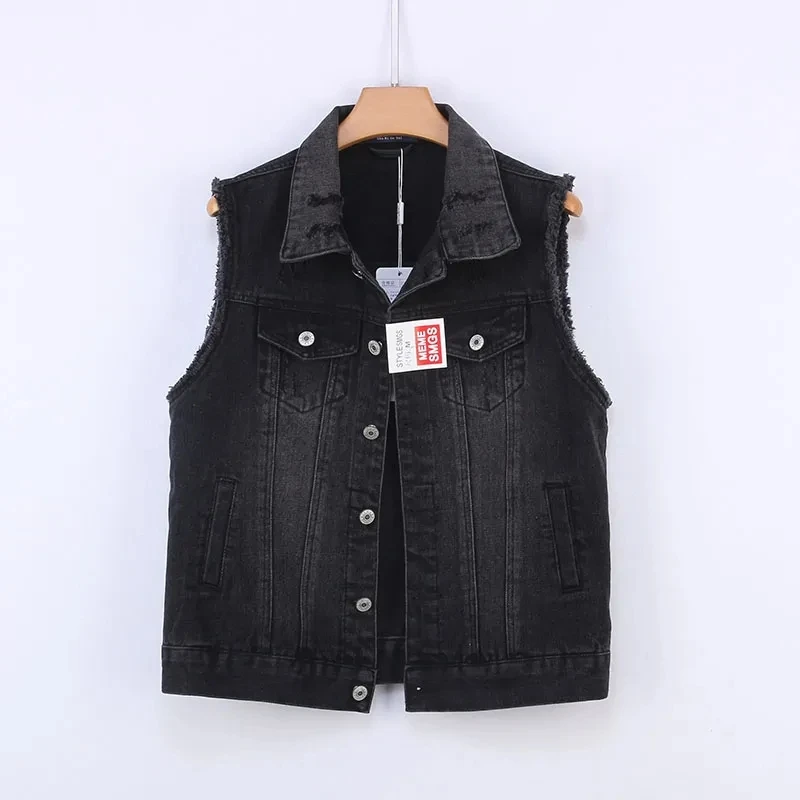 

Black Jeans Vest Women Short Cardigan Casual Denim Waistcoat Spring Summer Single Breasted Turndown Collar Sleeveless Gilet