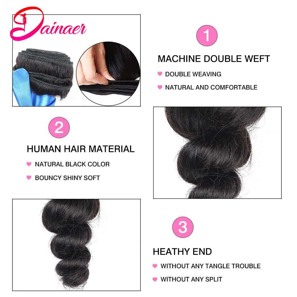 Loose Wave Bundles Human Hair Extensions Remy Hair 3PCS Natural Black Peruvian Hair Weave Bundles For Women