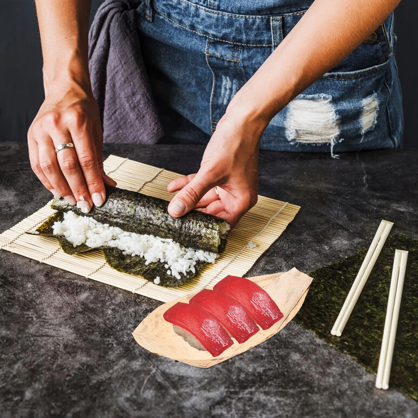 

40pcs Bamboo Sushi Boat Plates Disposable Food Containers Party Tray Sashimi Serving Smooth Surface Safe Long Lasting