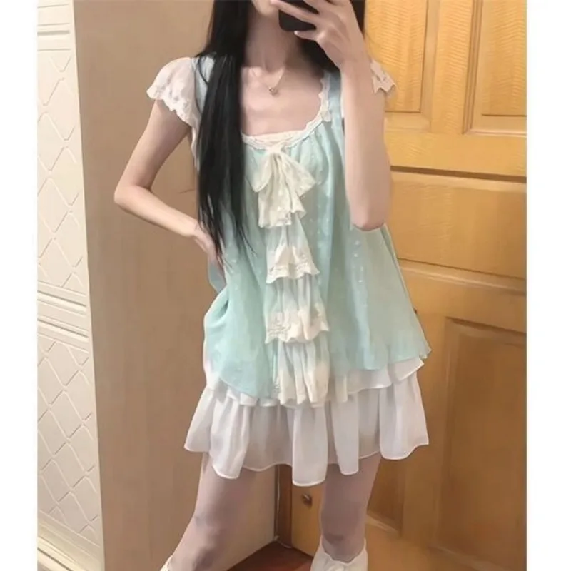 スイートレース2ピースセットTシャツゴスレディースドレスヴィンテージY2kスリムパンクミニスカート原宿90年代日本のセクシーサマーTシャツ