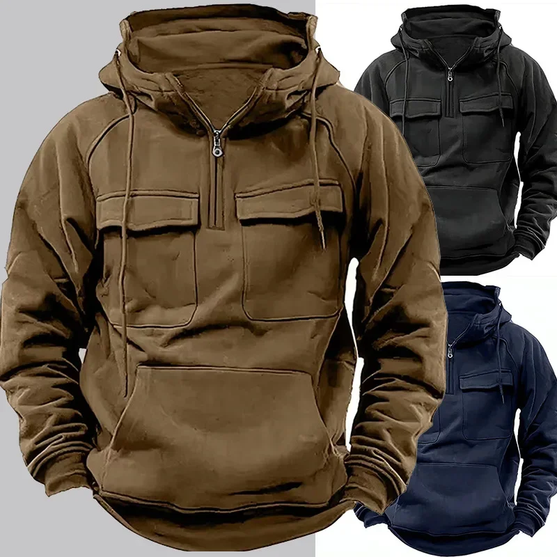 

Vintage Tough Guy Heavy Duty Sweater Men's Hooded Zipper with Plush and Thickened Loose Fit Men's Motorcycle Pullover