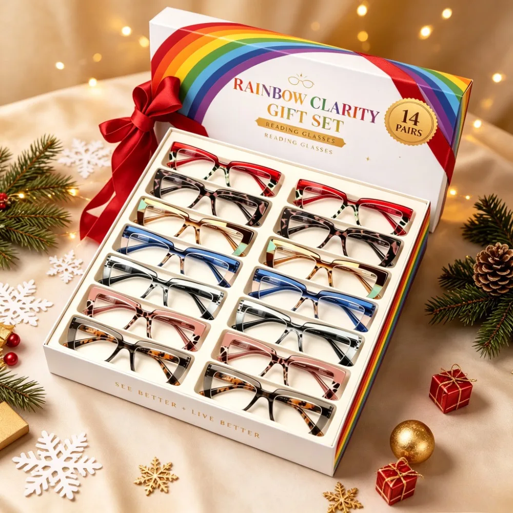 14 Pcs Unisex Stylish Reading Glasses in Premium Gift Case, Christmas Halloween Holiday Surprise Gift for Men Women, Multi Design Daily Decorative Eyeglasses