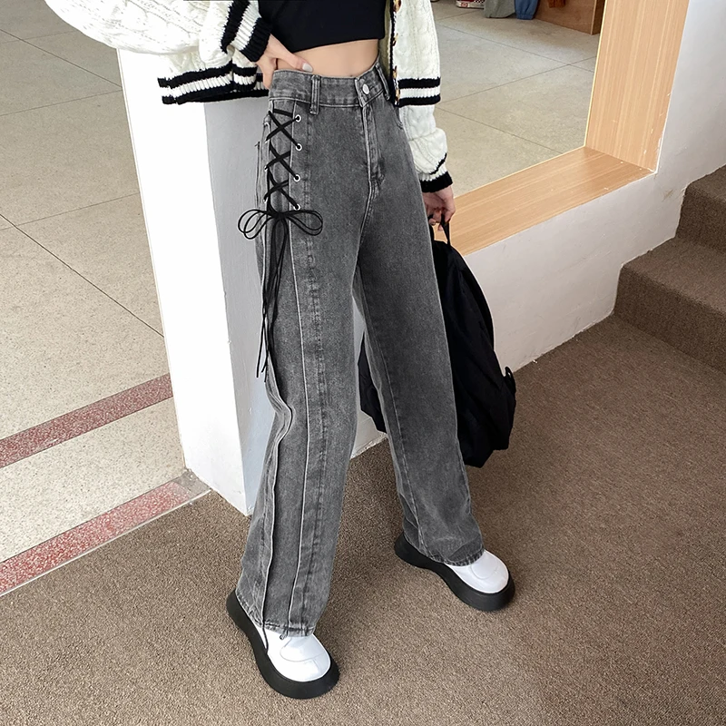 

Chic Design Bandage Gray Denim Pants Women Autumn Loose Straight Wide Leg Jeans Casual Ladies Trousers Streetwear S-5xl