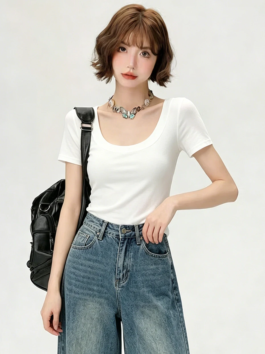 

Уникальная красивая женская футболка с коротким рукавом, летний модный укороченный топ в корейском стиле, облегающий крой, с U-образным вырезом, для повседневной носки