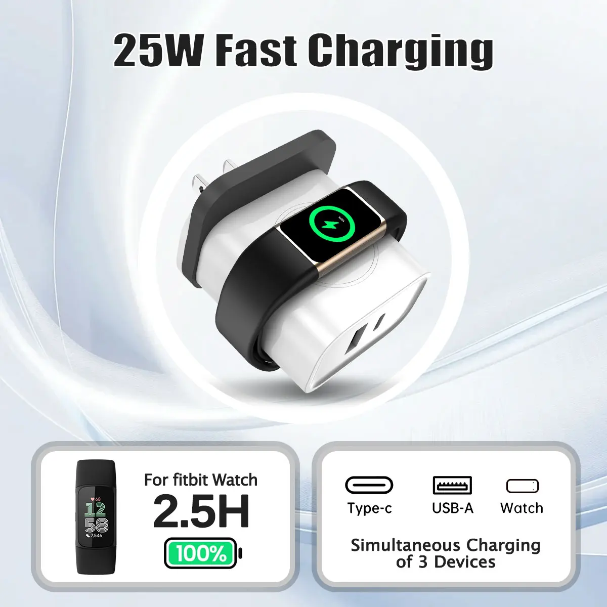 

25W Magnetic Fast Charger for Fitbit Charge 5/Charge 6 3-in-1 USB C Wall power adapter for iPhone/iPad Pro/Samsung Phone