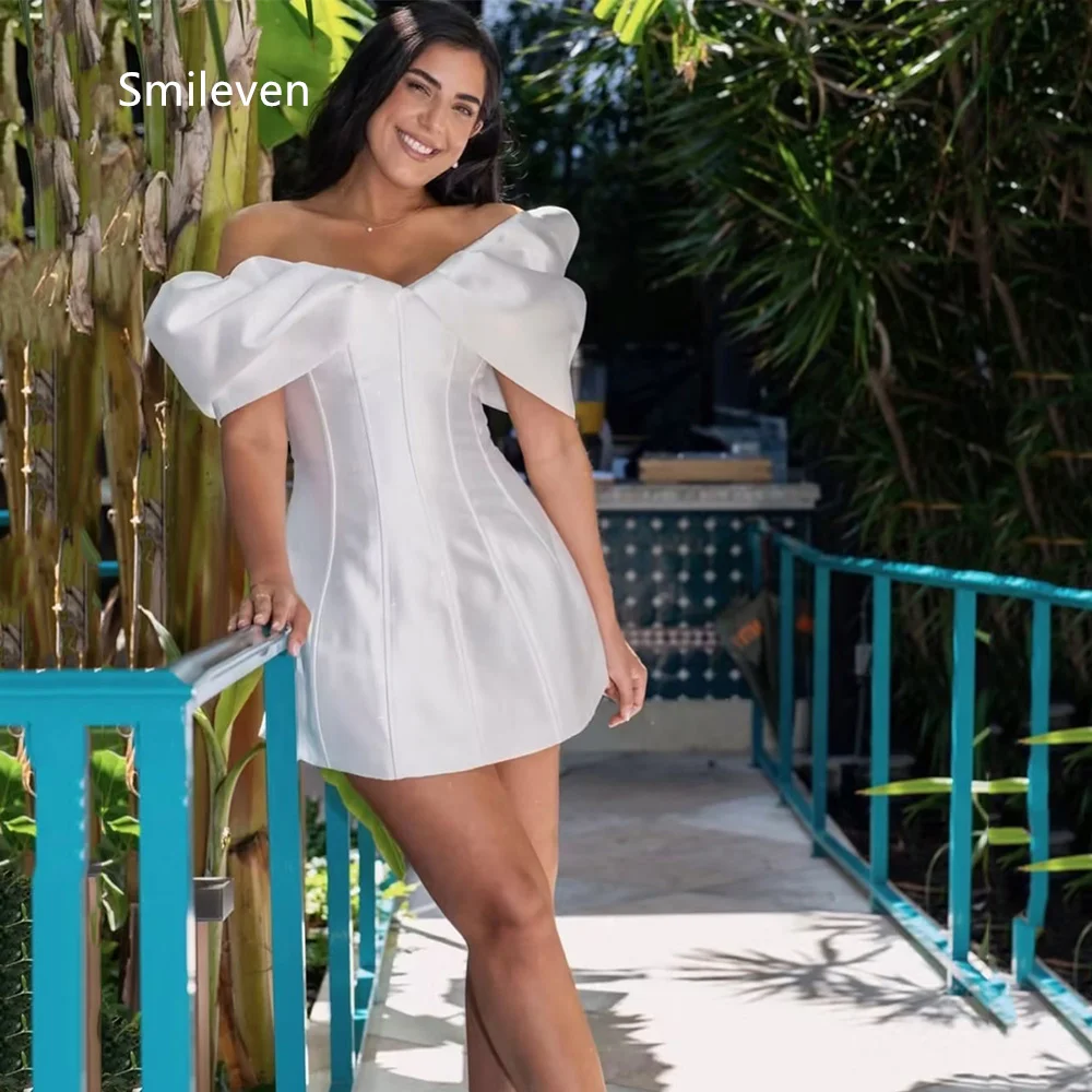 Smileven White Short Mini Wedding Dresses Off‑the‑Shoulder Puff Sleeve Bridal Dress Corset Seam Reception Gowns Customized 2026