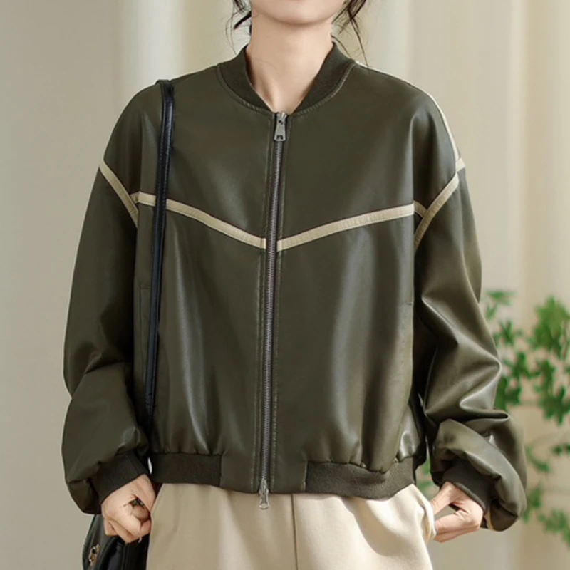 Masss Wasss Autunno Donna Tempo libero Moda allentata Giacche classiche in PU Giacche a vento vintage da donna Cappotti eleganti con scollo a V in ecopelle