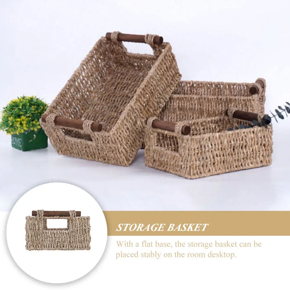 Flat Base Handwoven Rectangular Basket for Cosmetics Organizer Toiletries Storage Sundries Holder Desktop Vanity Decorative