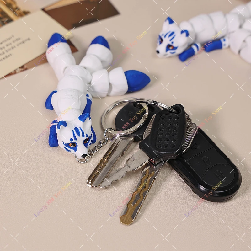 Actiefiguren 3D-geprinte drie staartvos sleutelhanger hanger speelgoed schattig diermodel gewrichten beweegbare vos desktop ornament