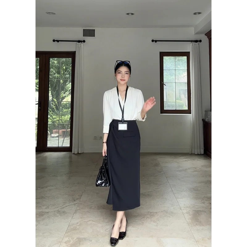 

Slimming V-Neck Loose Fit Shirt And Asymmetrical Skirt Set Casual Style Polyester Fiber Summer Collection for Women over 35
