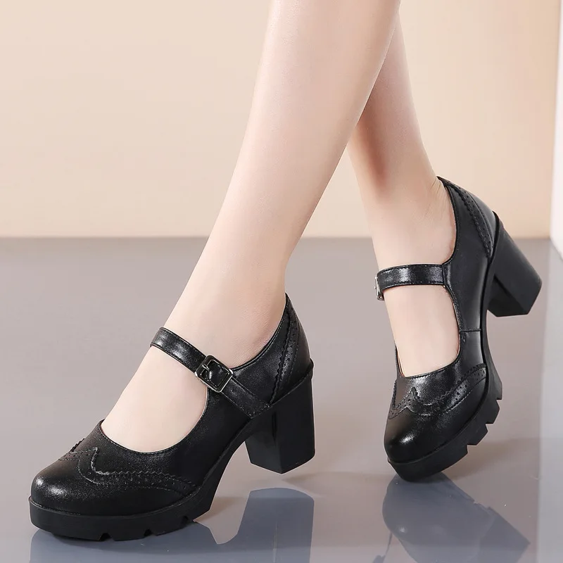 New Women Genuine Leather Buckle Strap Mary Janes Platform Shoes Woman Pumps High Heels Dress Shoes Retro Ladies Wedding Shoes