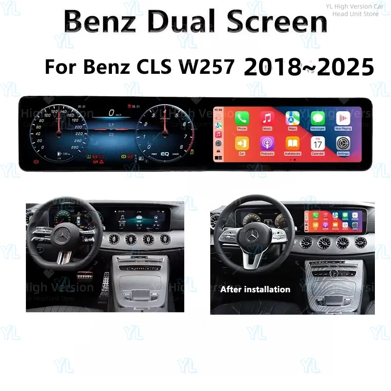 

Двойной 12,3-дюймовый Android 13 дисплей для Mercedes-Benz CLS W257 2018-2025 с GPS-навигацией, CarPlay, автомобильным радио, HD сенсорным экраном, стереосистемой и Bluetooth 5.0
