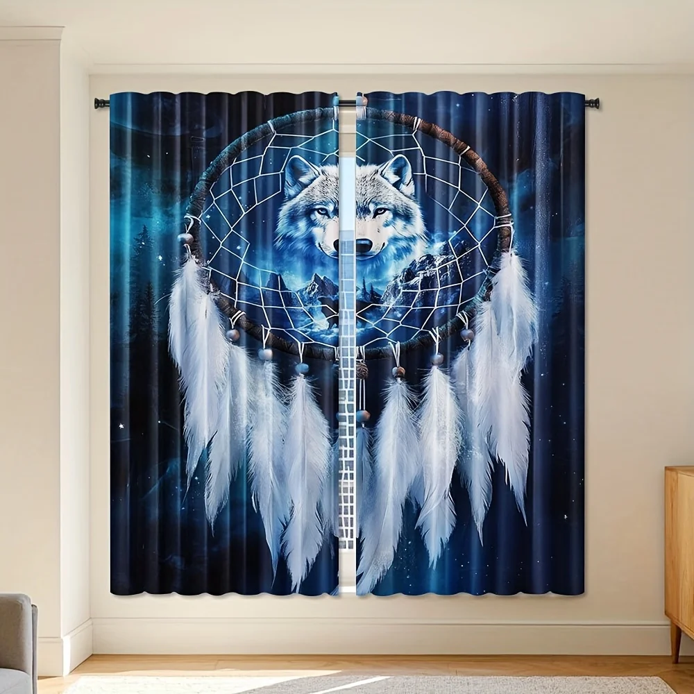 Set of 2 Curtains Featuring a Digital Print of a Vintage Bohemian Moon Dream Catcher, a Wolf King, And Snow-Capped Mountains, Pe