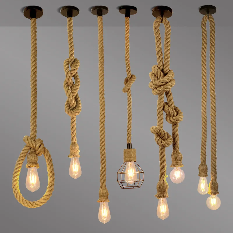 Vintage Hemp Rope Pendant Light Retro Loft Industrial Hanging Lamp Creative Country Style Edison Bulb Lamp Home Light Decoration