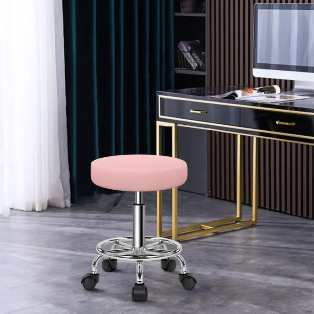 PU Leather Round Rolling Stool with Foot Rest Swivel Height Adjustment