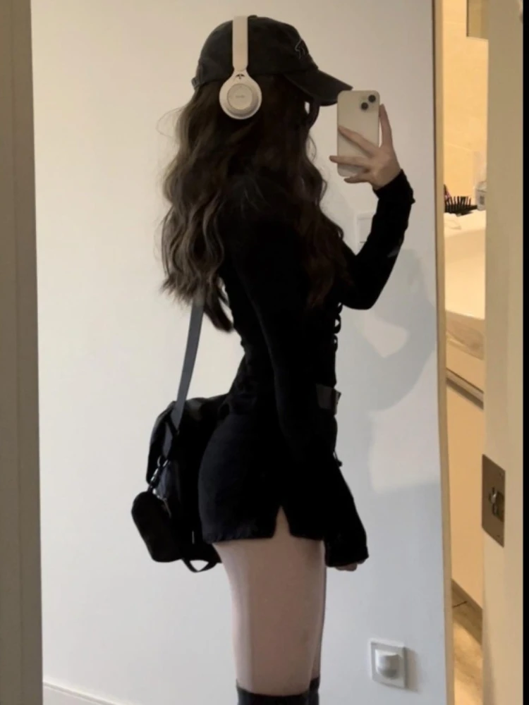 2024 Summer New Women Simple V-neck Long Sleeve Slim Fit Black Tops + Y2k Grunge High Waist Split Shorts Korean Two Piece Sets