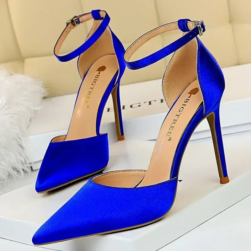 Women 8cm 10cm High Heels Classic Wedding Bridal Sandals Lady Silk Ankle Strappy Low Heels Red Blue Sexy Prom Stiletto Sandles