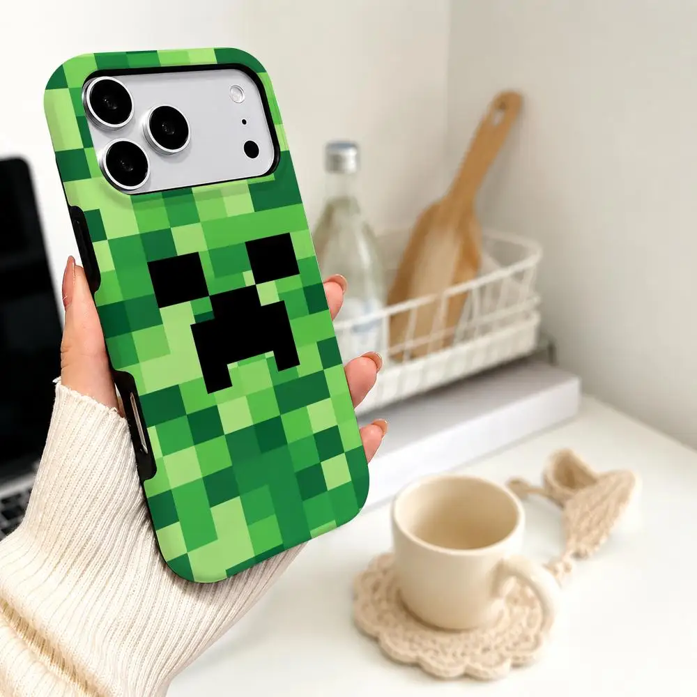 Coque de téléphone double couche motif dessin animé monstre pixel vert pour iPhone 17 16 15 14 13 12 11 X XS XR 7 8 Air Pro Max Plus – Nouveauté très prisée