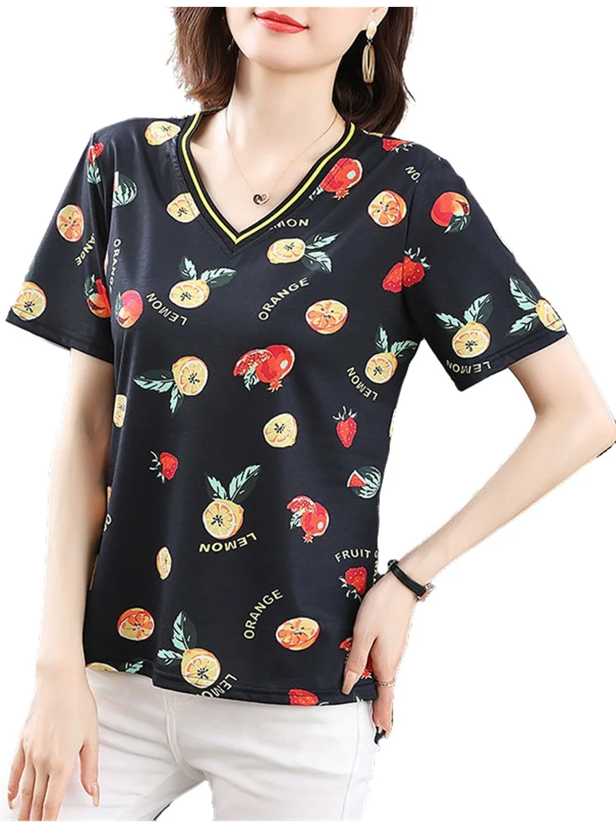 

4XL Women Spring Summer Blouses Shirts Lady Fashion Casual Short Sleeve V-Neck Collar Fruit Flower Printing Blusas Tops G2001