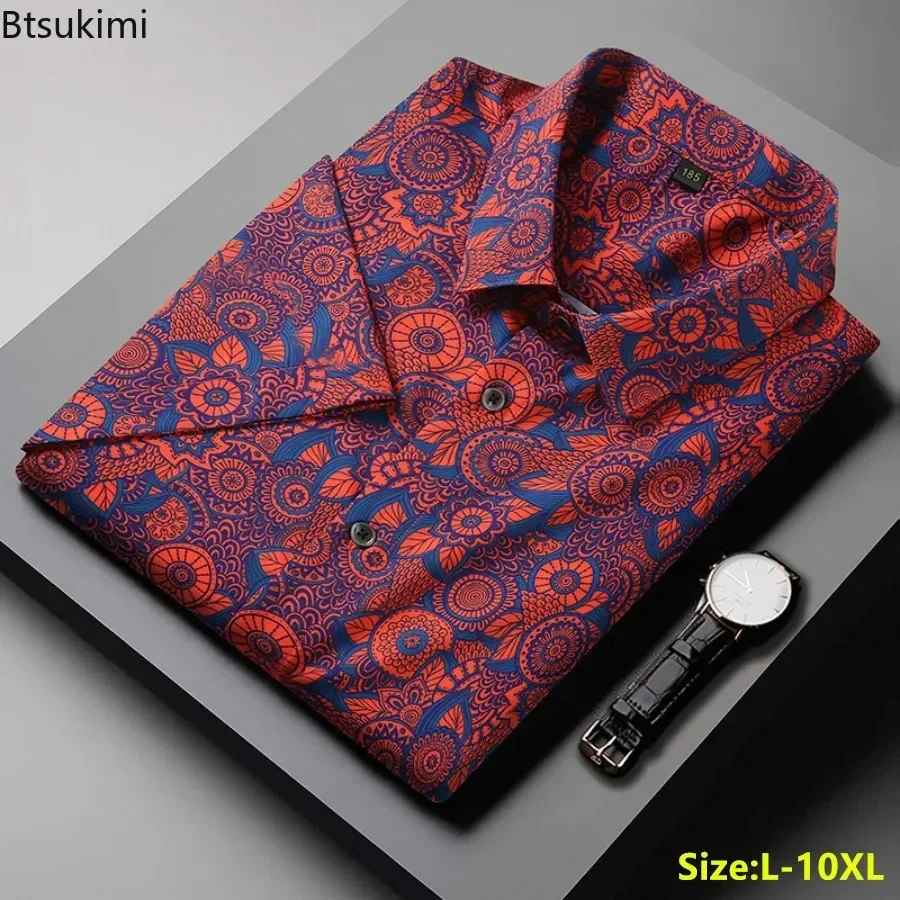 

2025 Summer New Men's Floral Print Short Sleeve Shirts Fashion Hawaiian Style Casual Elasticity Shirts Tops Male Plus Size 10XL