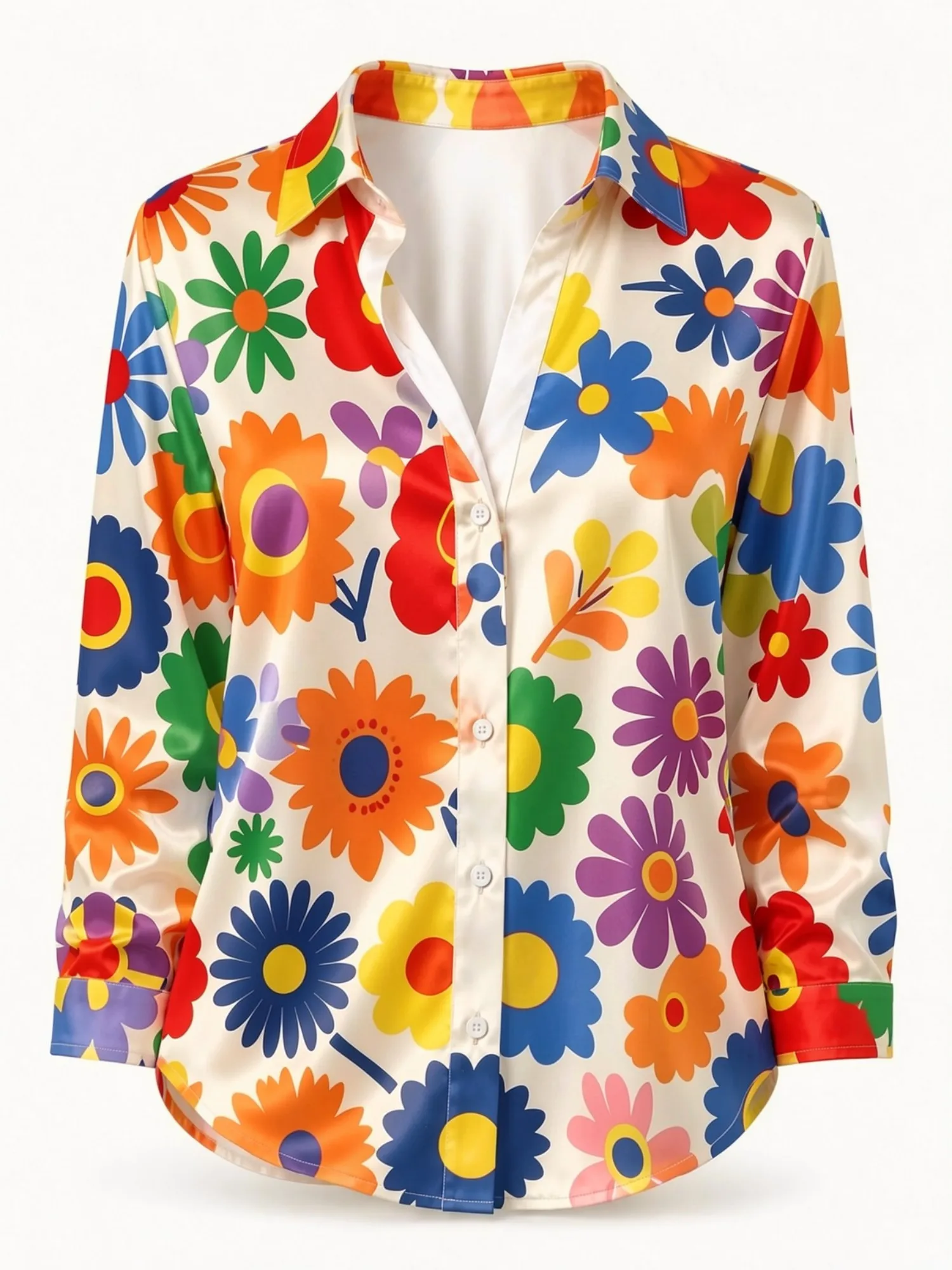 Ivory Rainbow Floral Satin Blouse for Women Long Sleeve Button Down Shirt Bright Garden Vacation Top