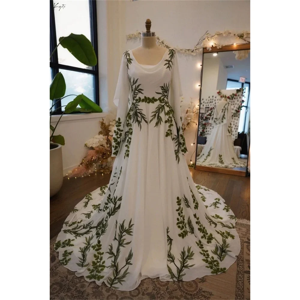 

Kyoto Green Leaf Embroidery Long Sleeves Wedding Dress Elegant A-line Court Train vestidos de novia Customized Backless Formal