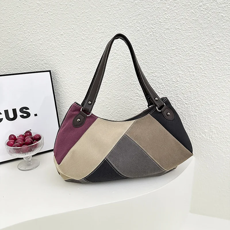 

2025 Simple Fashion Korean Edition New Trendy Versatile Splicing Color Contrasting Large Capacity Canvas Bag