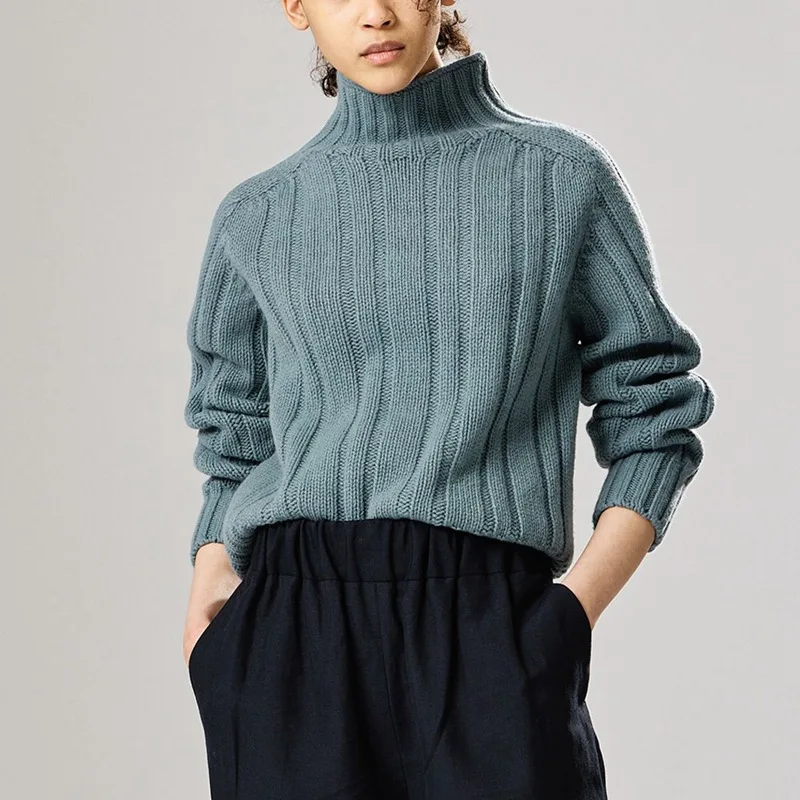 High Neck Long Sleeve Solid Color Pit Strip Wool Sweater