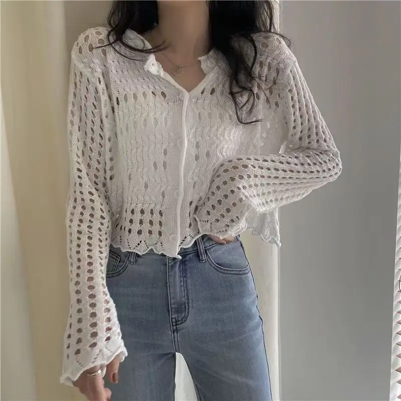 Ngọt Ngào Mỏng Dệt Kim Áo Len Cardigan Nữ Màu Trơn Rỗng Cổ Tròn Áo Len Nữ Spring Mùa Thu Thường Dạo Phố Dệt Kim Cao Cấp