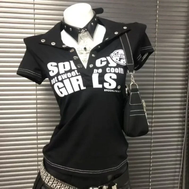 American Fashion Y2K Letter Print POLO Collar Short Sleeved T-shirt Women Retro Millennial Hot Girls Street Clothes Casual Tops