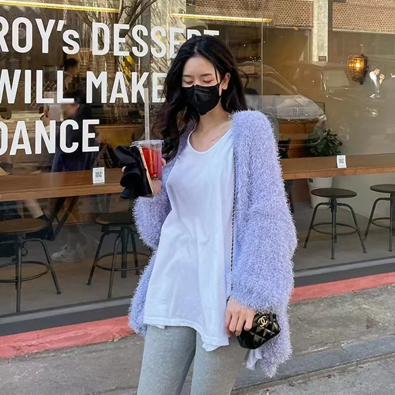 لون نقي V-Ne المتضخم رقيق سترة مشغولة من الصوف معطف المرأة ربيع الخريف الشتاء Faion ملابس خارجية مريحة غير رسمية #1