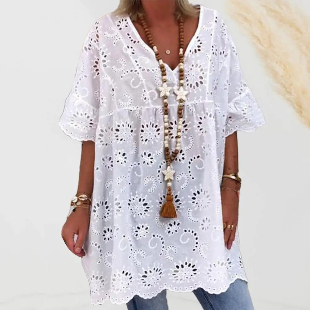 Women Mini Dress Fashion V-Neck Hollow Out Embroidery Pattern Short Sleeves White Color Ruffle Dress Summer Casual Loose Cover-u